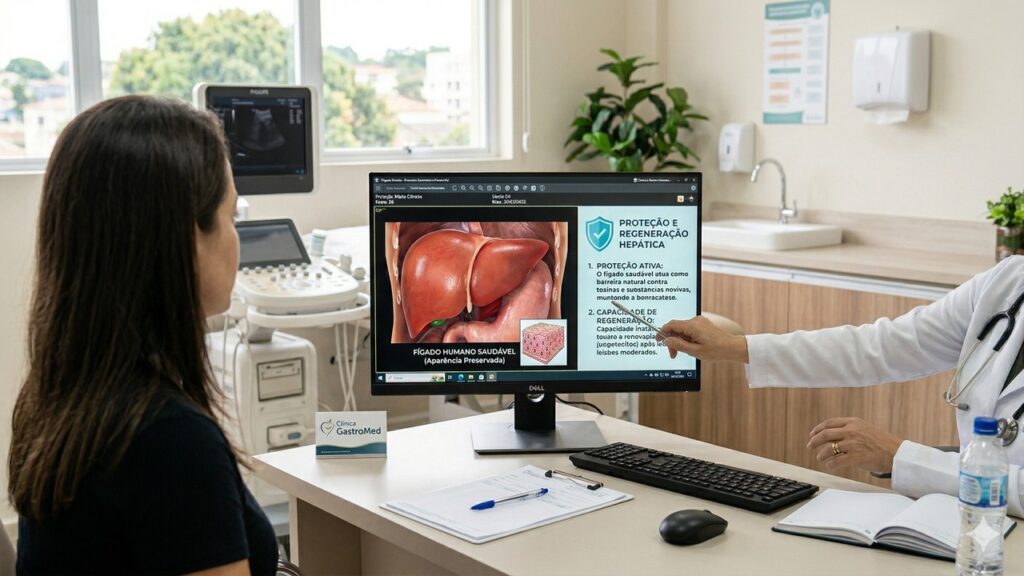 Médico explica em tela informações sobre fígado saudável e regeneração hepática para paciente.