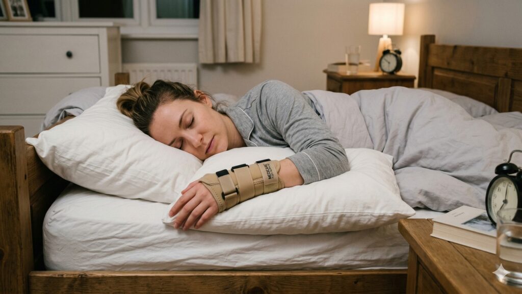 Mulher dorme de lado na cama usando uma tala ortopédica no pulso.