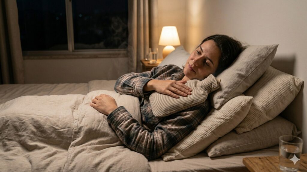 Mulher deitada na cama segura a barriga com expressão de dor ou mal-estar.