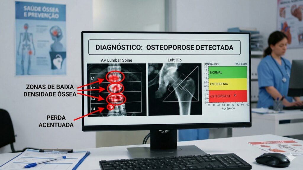 Monitor exibe exame com áreas de baixa densidade óssea indicando osteoporose na coluna e quadril.