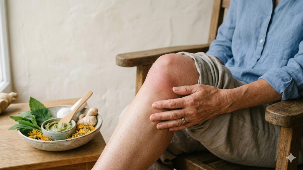 Pessoa sentada segura o joelho dolorido ao lado de remédios naturais, sugerindo tratamento para inflamação.
