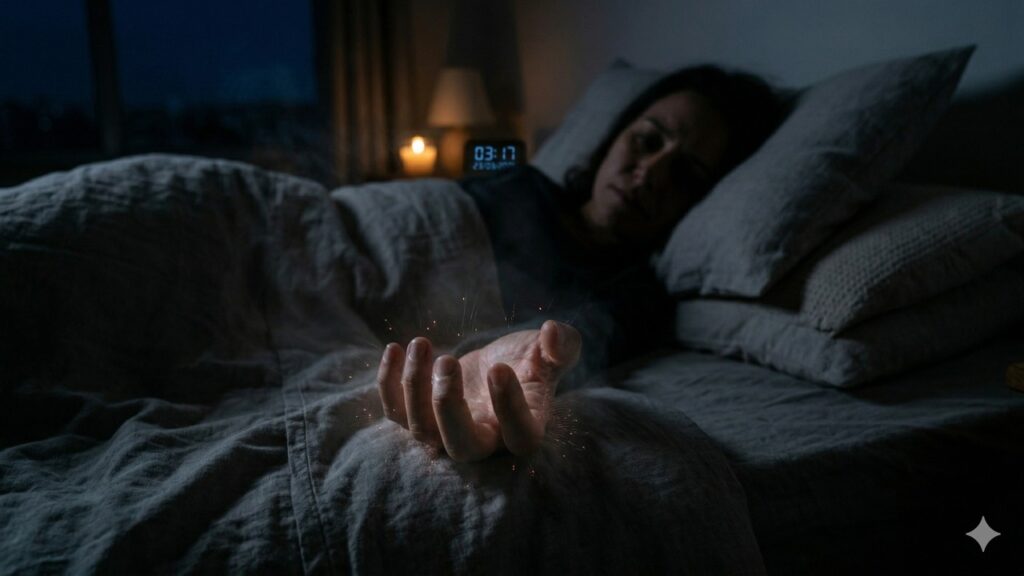 Pessoa deitada apresenta formigamento na mão, sugerindo compressão nervosa ao dormir.