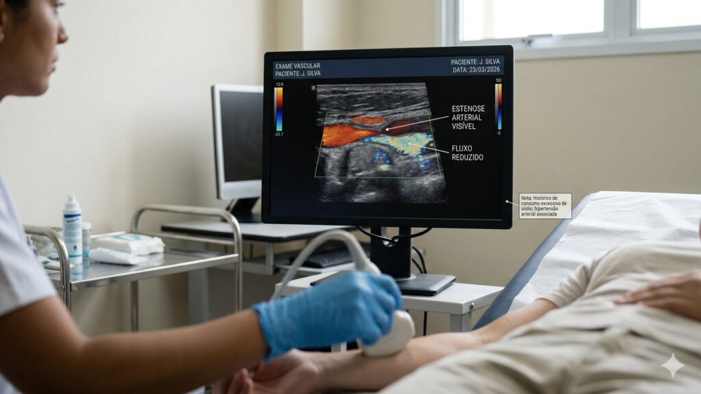 Ultrassom mostra fluxo sanguíneo reduzido devido ao estreitamento de uma artéria no braço do paciente.