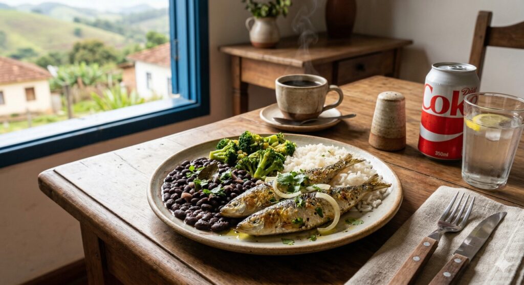 Prato equilibrado ao lado de sal, refrigerante e café ilustra escolhas que podem afetar o cálcio dos ossos