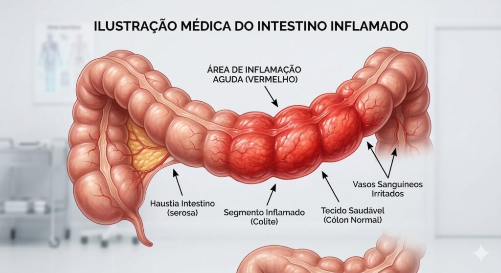 Na doença de Crohn, o sistema imunológico provoca inflamação profunda no intestino