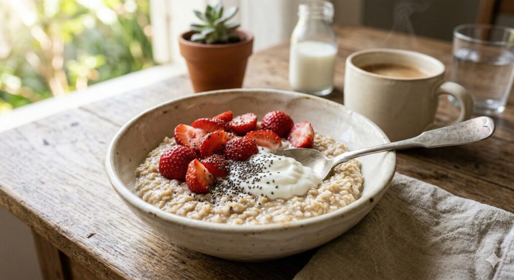 Mingau de aveia com fibras, proteína e fruta de baixo índice glicêmico