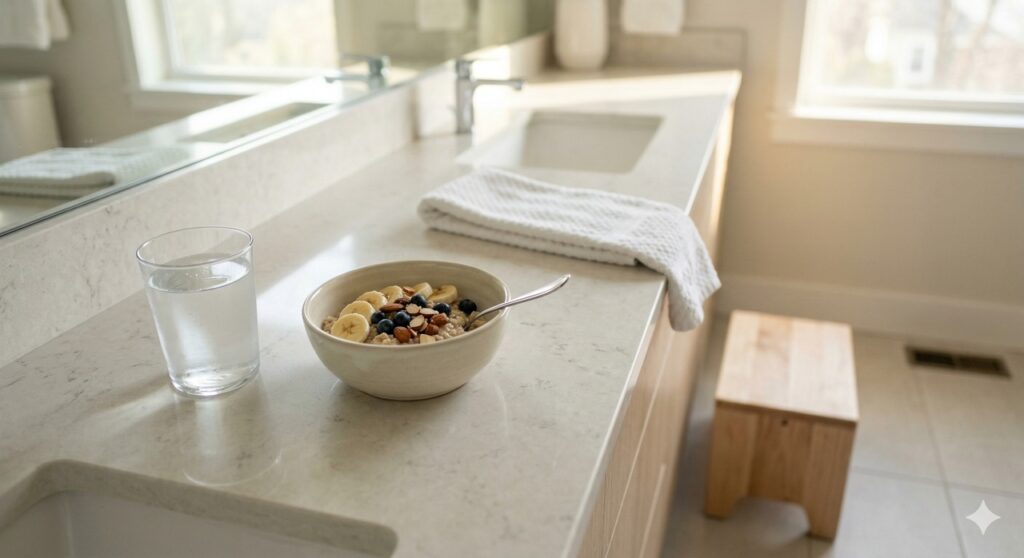 Água, café da manhã e apoio para os pés sugerem um hábito simples para regular o intestino