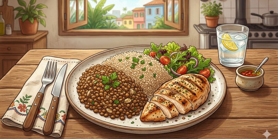 Lentilha com arroz integral comparada ao peito de frango mostra como a proteína vegetal pode ser uma alternativa nutritiva e equilibrada.