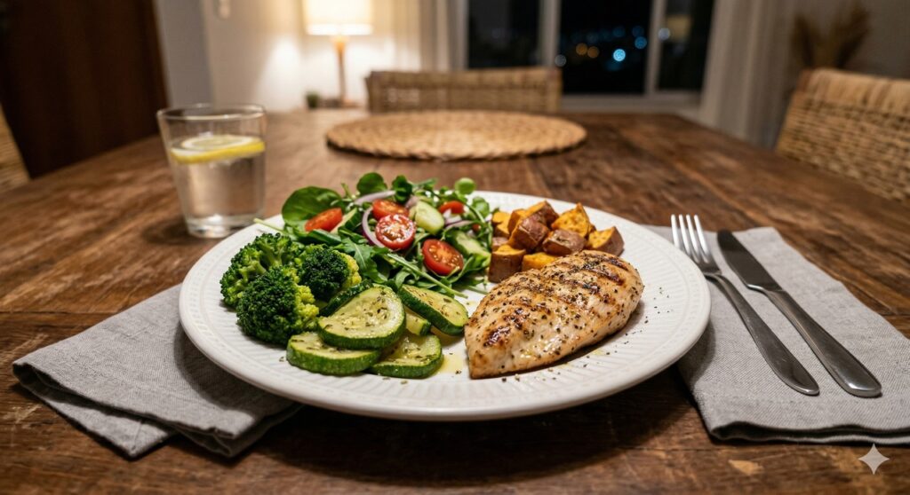 Prato noturno com vegetais, frango e batata-doce para estabilizar o açúcar no sangue