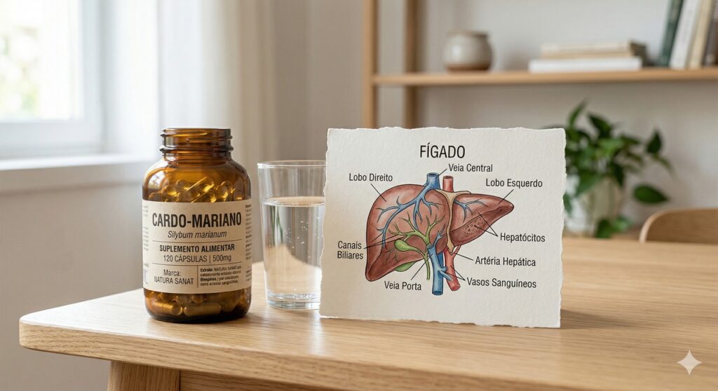 Cápsulas de cardo-mariano em uma cena que remete ao cuidado complementar com o fígado