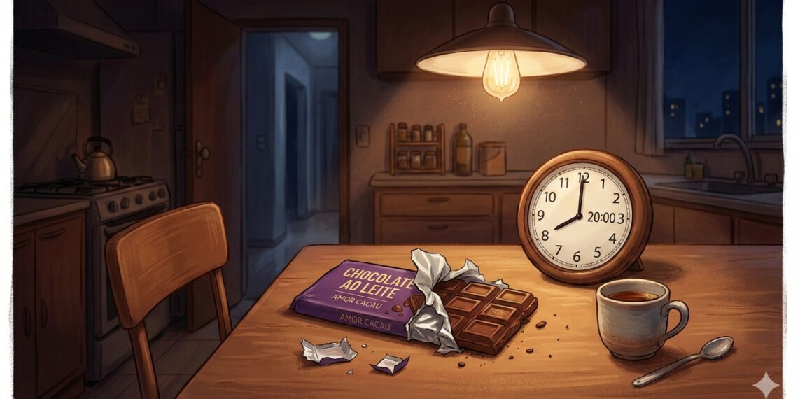 Relógio marcando 20h ao lado de chocolate ilustra o pico de fome noturna por doces apontado por estudos científicos.
