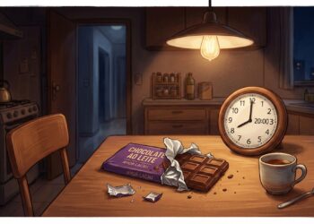Relógio marcando 20h ao lado de chocolate ilustra o pico de fome noturna por doces apontado por estudos científicos.