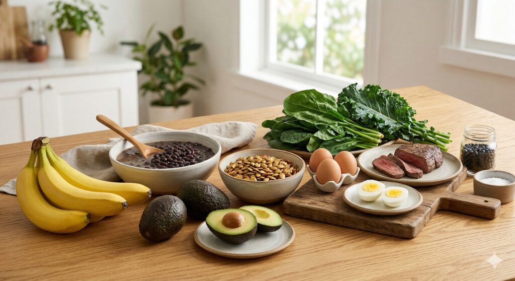 Cena mostra fontes naturais de potássio, zinco e ferro para apoiar energia e função muscular