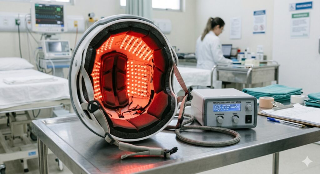 Interior do capacete terapêutico mostra os emissores de luz que atravessam o crânio e estimulam a atividade das células nervosas.
