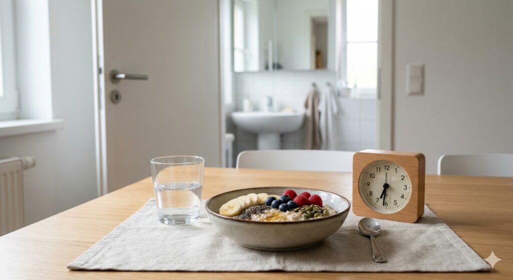 Café da manhã com fibras e água em uma rotina que favorece o intestino pela manhã