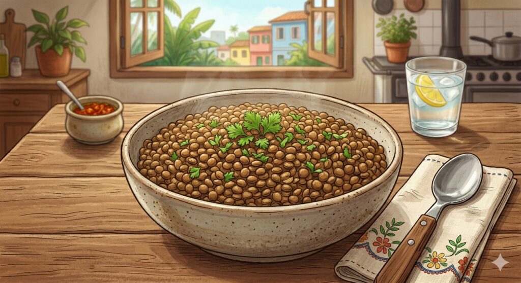 Tigela de lentilha cozida destaca o alto valor nutricional, com proteínas, fibras e minerais essenciais para a saúde.