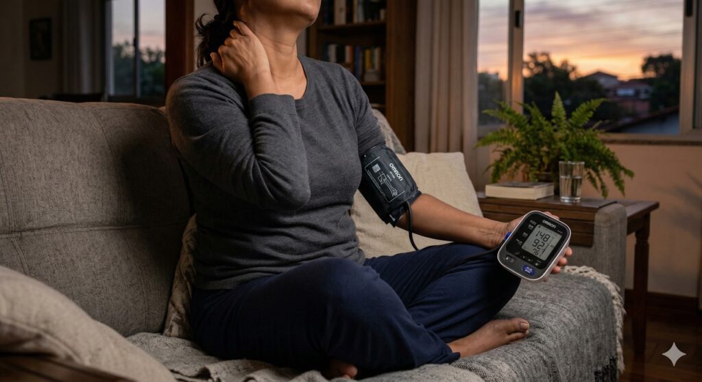 Cena representa sinais de alerta da pressão alta e a importância de medir a pressão ao perceber sintomas