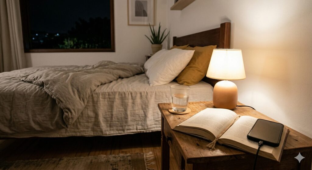 Rotina noturna simples com água e menos telas para favorecer a regularidade intestinal