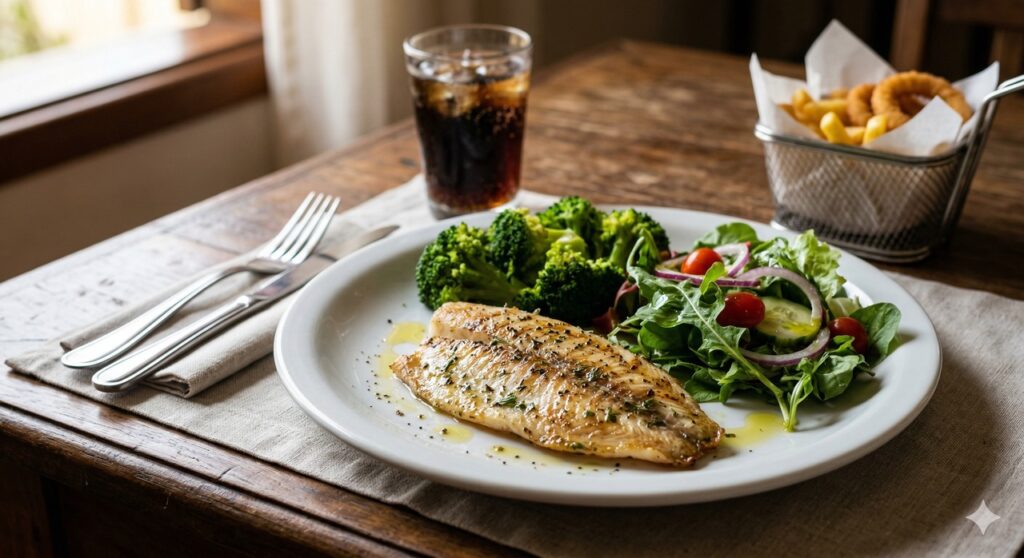 Prato leve com peixe, vegetais e azeite em uma escolha melhor para a saúde do fígado