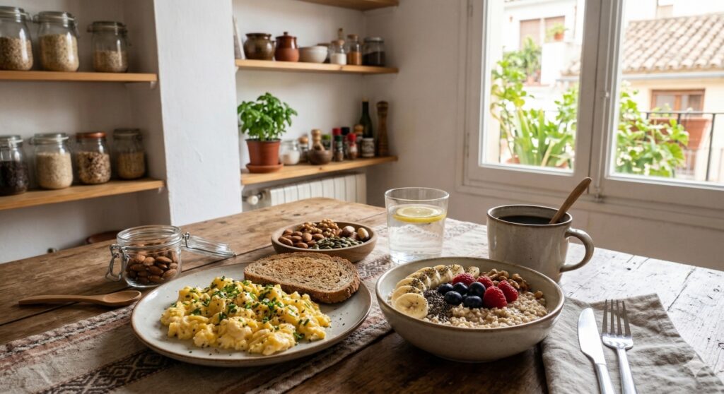 Combinar proteína, fibras e gorduras boas pela manhã ajuda a manter a glicemia estável.