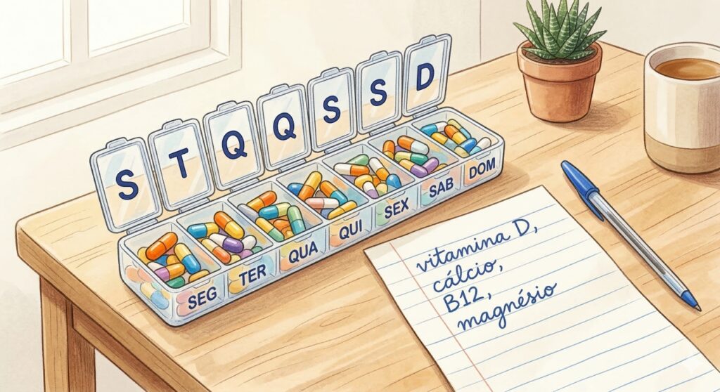 Com o avanço da idade, vitaminas como D, cálcio e B12 ganham mais importância para ossos, energia e imunidade.