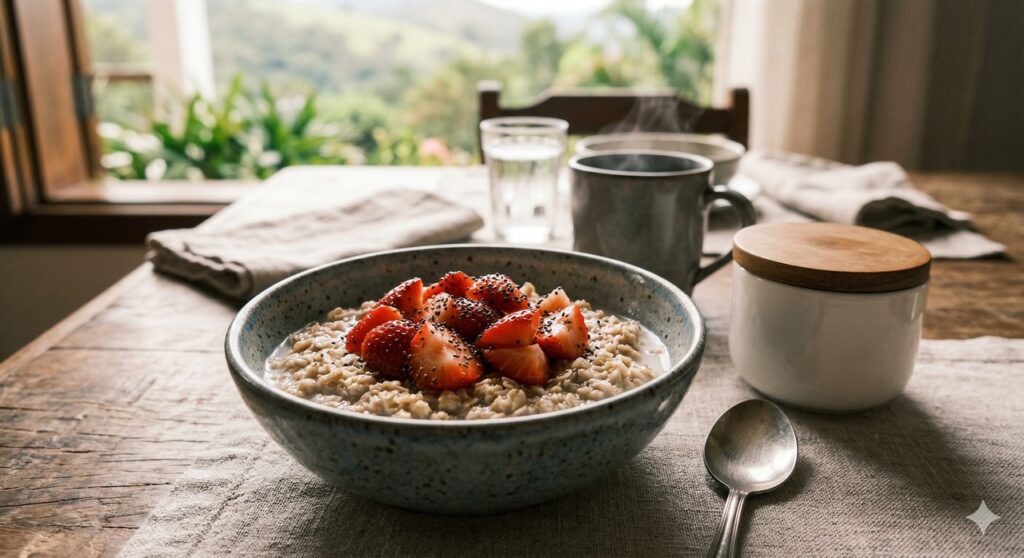 Aveia em flocos grossos com frutas frescas e chia sugere um café da manhã mais equilibrado