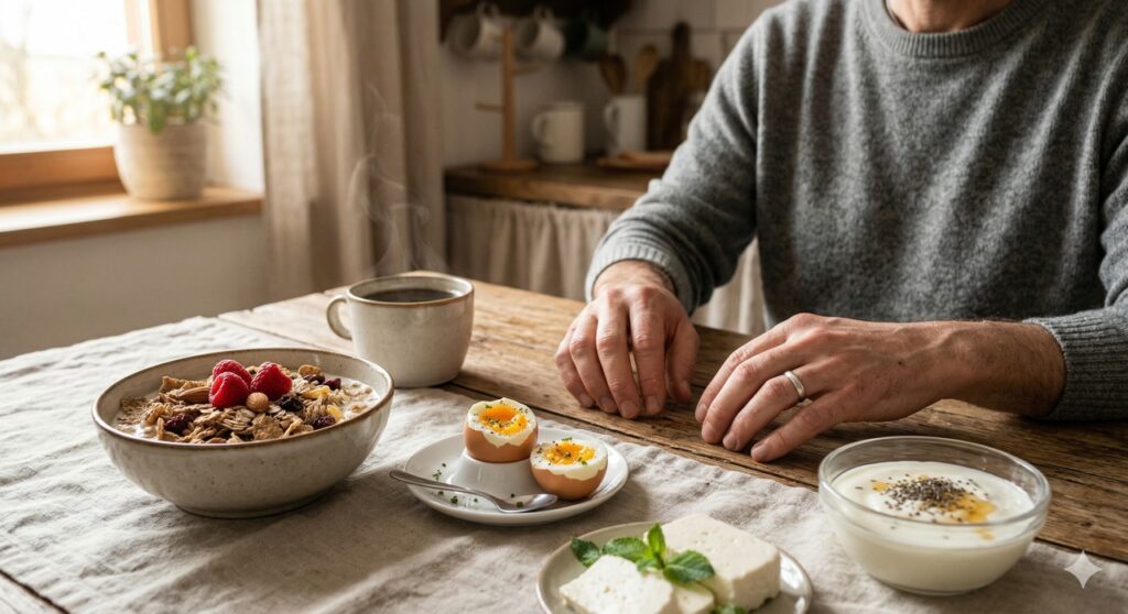 Alimentos com vitamina B12 no café da manhã ao lado de mãos com sensação de formigamento