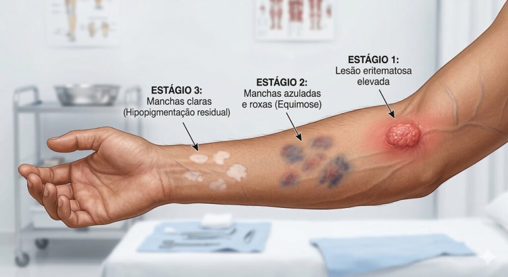 O Mal de Pinto evolui em fases e pode mudar a cor da pele com o passar do tempo.