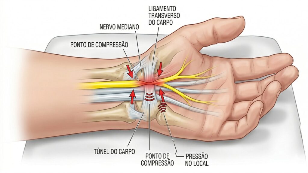 Ilustração mostra a compressão do nervo mediano no punho causando pressão e dor no túnel do carpo.