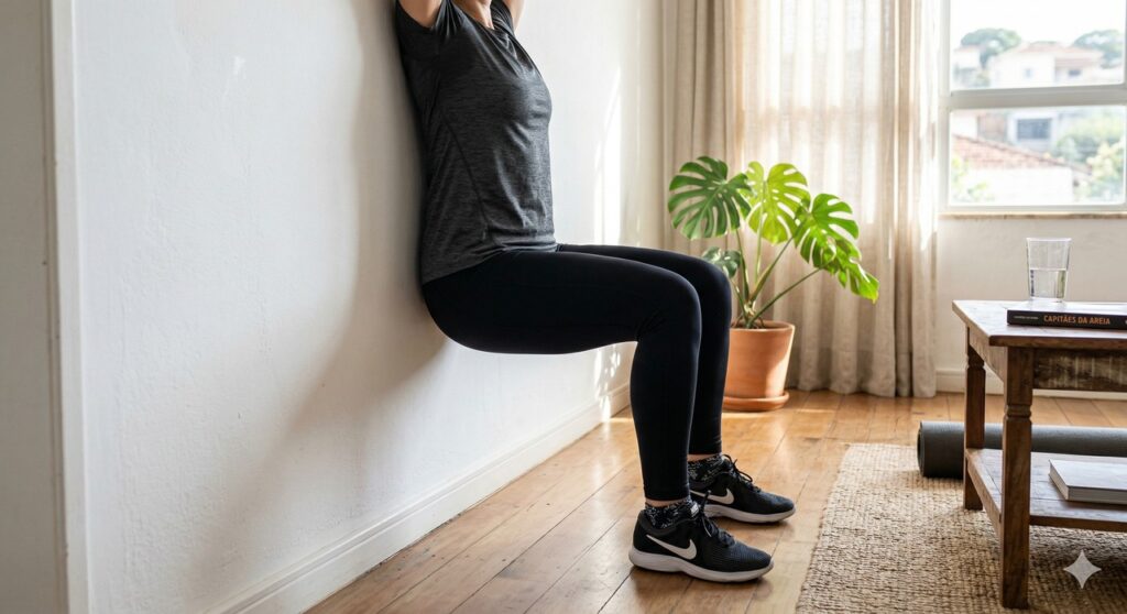 Cena mostra agachamento na parede como opção simples para fortalecer os músculos em casa