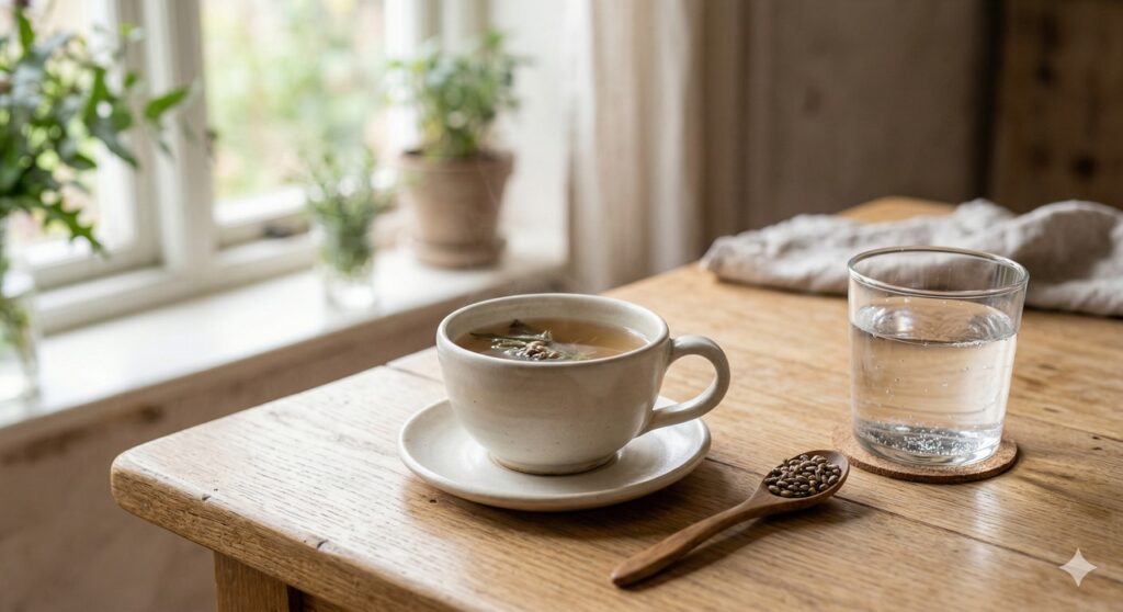 Xícara de chá de cardo-mariano em rotina simples de cuidado com o fígado