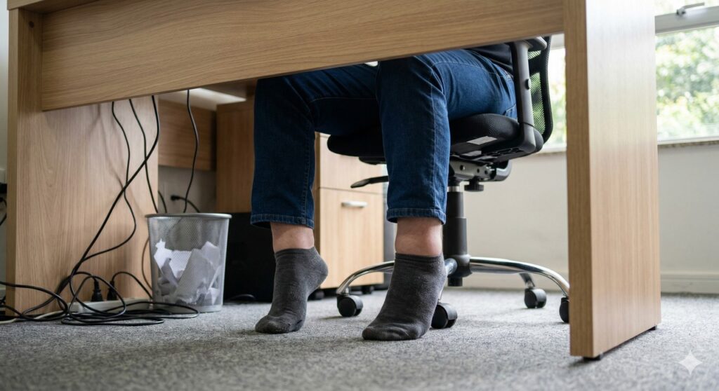 Movimento de flexão dos pés sob a mesa ajuda a ativar a circulação nas pernas.