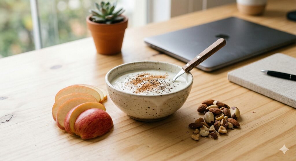 Iogurte, maçã e castanhas sugerem um lanche equilibrado para manter a energia estável