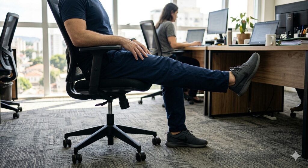 Movimentos simples na cadeira ajudam a ativar os joelhos e reduzir a rigidez.