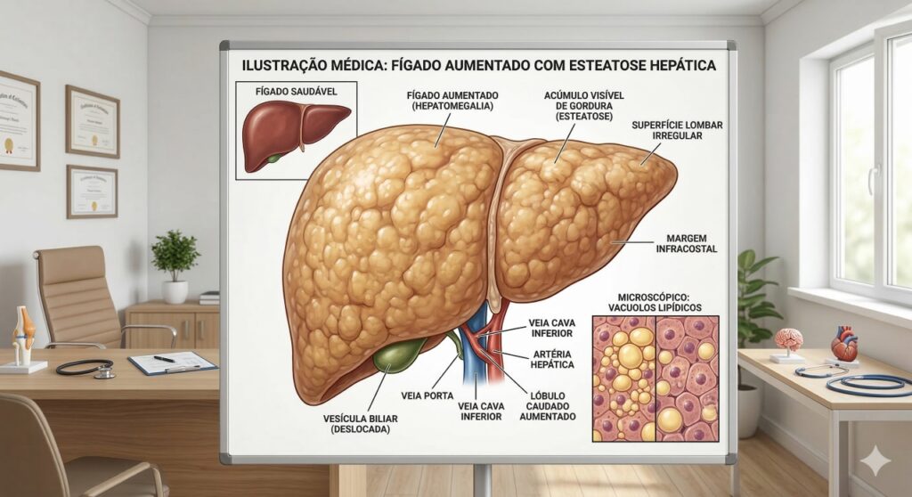 Quando o fígado acumula gordura e aumenta de tamanho, pode surgir desconforto na parte superior direita do abdômen.