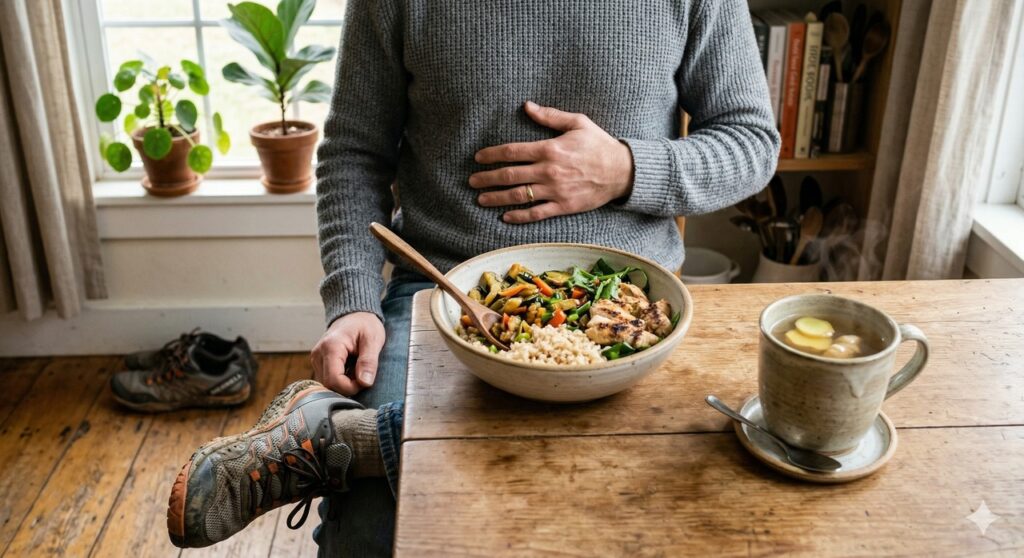 Cena com chá de gengibre e gesto no abdômen sugerindo alívio natural da digestão
