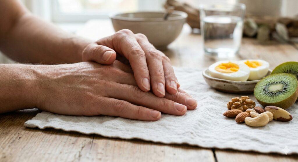 Unhas com estrias verticais ao lado de alimentos ricos em nutrientes importantes