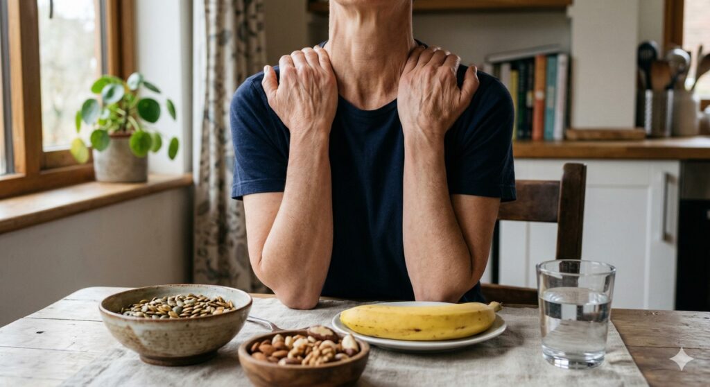 Cena com fontes de magnésio e gesto corporal que remete a estresse e tensão muscular