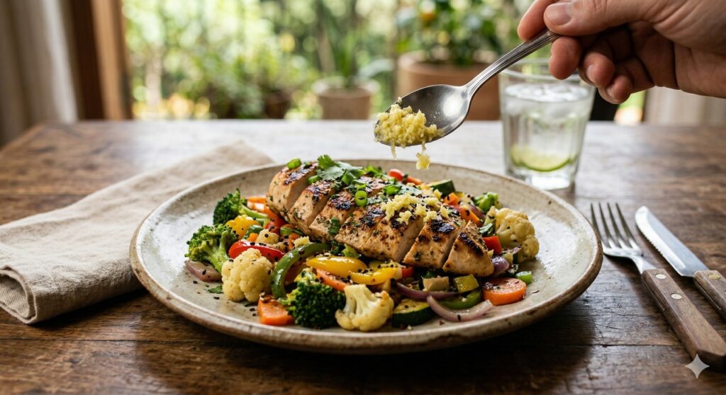 Gengibre adicionado ao almoço para apoiar a digestão e o conforto das articulações