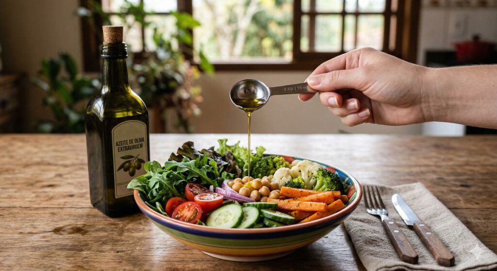 Azeite extravirgem usado no almoço em quantidade equilibrada para cuidar do colesterol