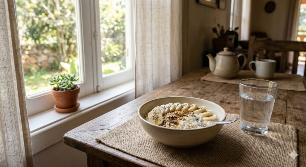 Banana com aveia e iogurte em um café da manhã simples e rico em potássio