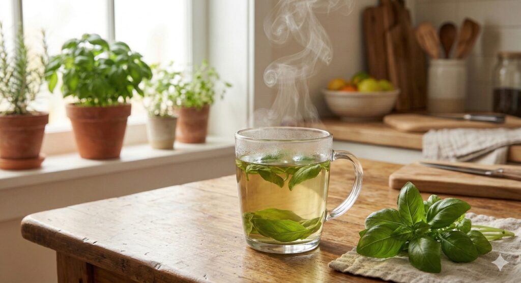 Chá de manjericão preparado com folhas frescas, uma forma natural de aliviar gases intestinais e promover relaxamento