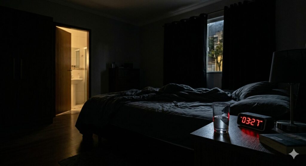 Ambiente noturno que representa o hábito de acordar para urinar e a necessidade de atenção à frequência