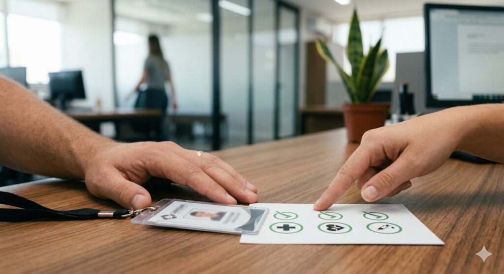 Cena sugere uma checagem rápida de sinais de AVC em ambiente de trabalho