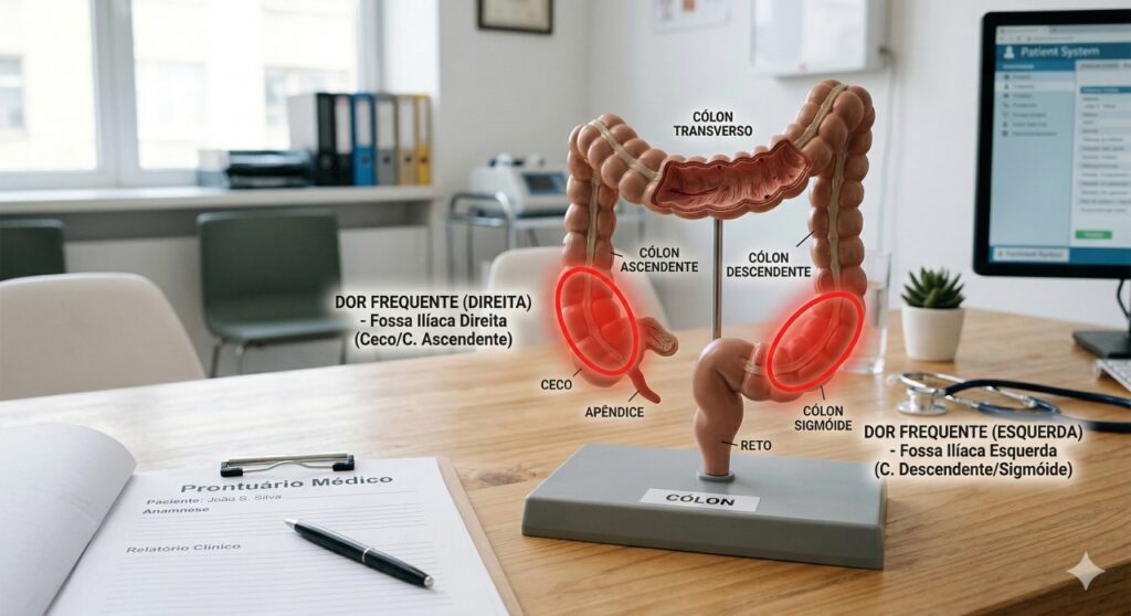 A localização da dor abdominal pode ajudar a diferenciar inflamação intestinal de constipação.