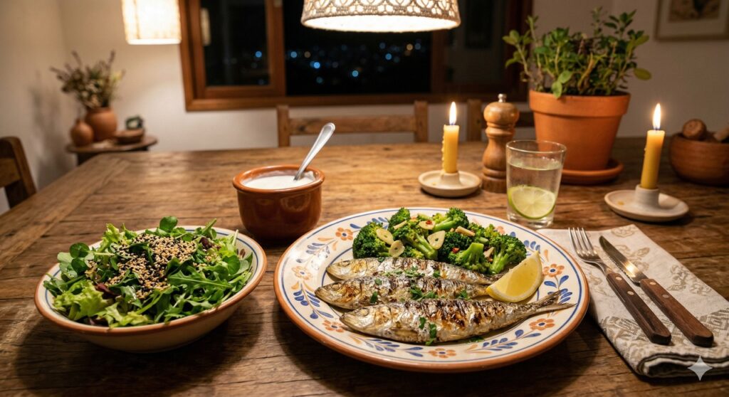 Sardinha, vegetais verdes e iogurte sugerem um jantar rico em cálcio para apoiar a massa óssea