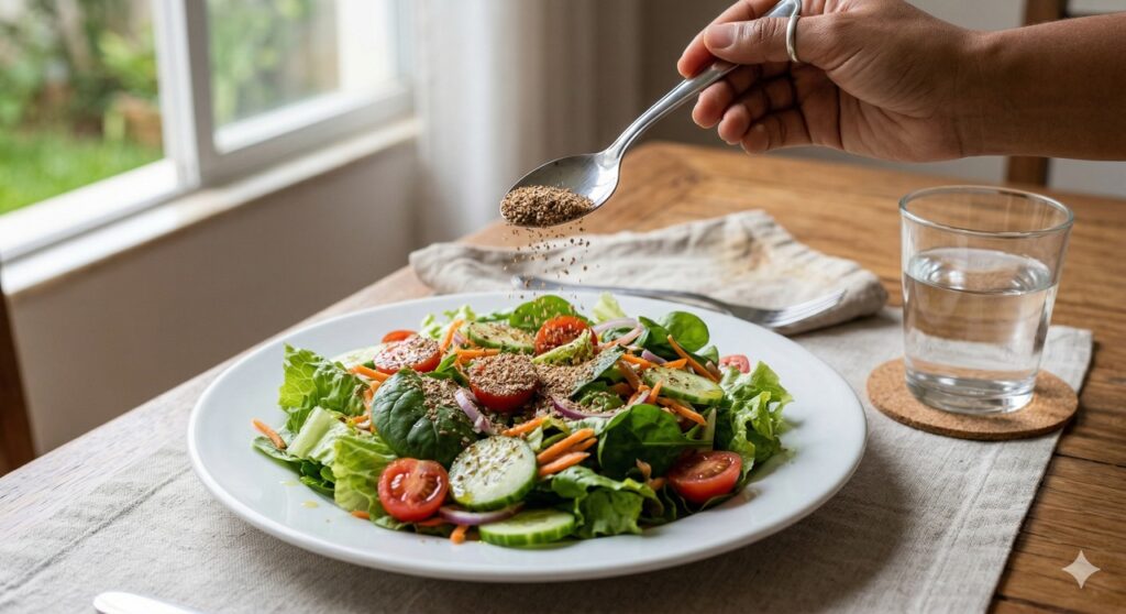 Uma colher de linhaça moída no almoço ajuda a reforçar a proteção cardiovascular.