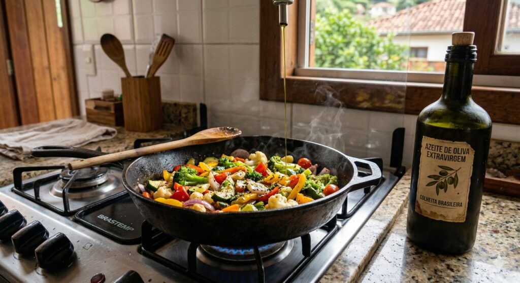 Azeite extravirgem usado no fogo médio e finalização do prato para proteger o coração
