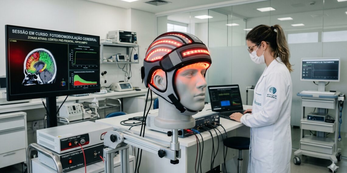 Capacete com luz infravermelha usado em pesquisas para estimular células do cérebro e ajudar no tratamento de Alzheimer e Parkinson.