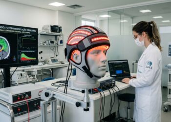 Capacete com luz infravermelha usado em pesquisas para estimular células do cérebro e ajudar no tratamento de Alzheimer e Parkinson.